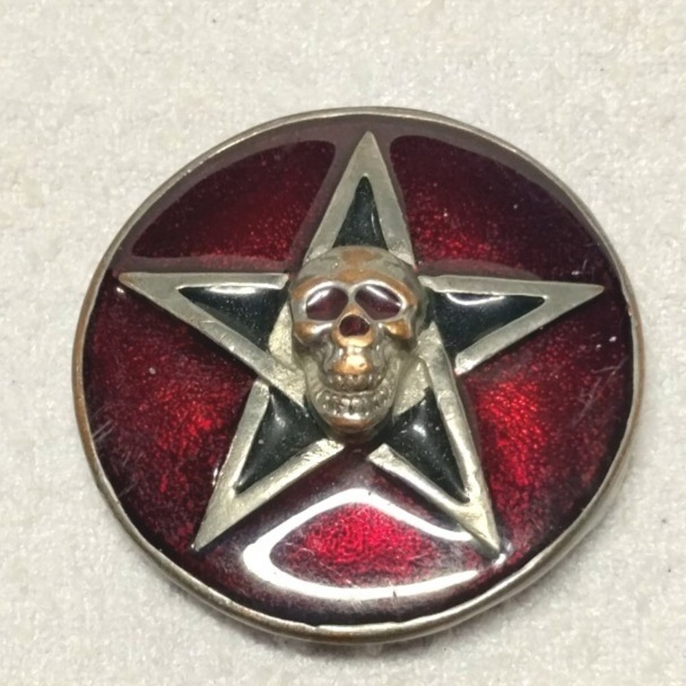Vintage Gothic Skull Pentagram Scarf Slide Red Black Enamel Biker Occult Jewelry